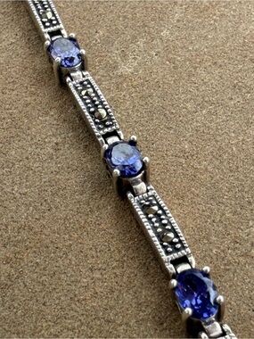 Charles Winston CW 925 Sterling Silver Tanzanite CZ & Marcasite Bracelet 8”